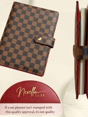 Checkered Brown and Black A5 Planner Cover with Red Interior and Snap Closure.